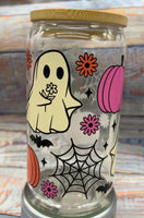 Retro Pumpkin and Ghost Glass Can Tumbler