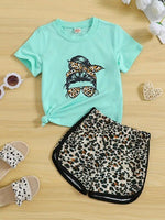 Leopard Glasses Bun Girl Tee and Shorts Set