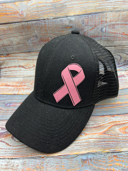 Breast Cancer Awareness Ribbon Leather Patch Hat