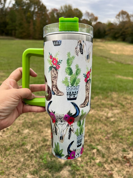 White Cowskull and Cactus 40 Ounce Tumbler