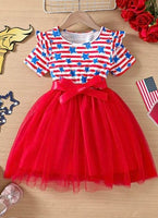 Stars and Stripe Print Short Sleeve Ruffle Mesh Princess Dress