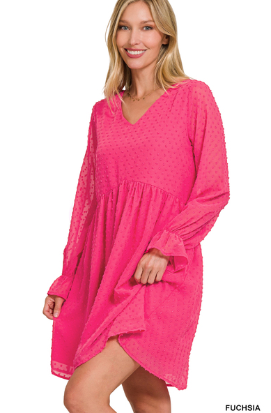 Swiss Dot Longsleeve Babydoll VNeck Dress