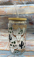 Cactus and Cattle Skull Glass Can Tumbler