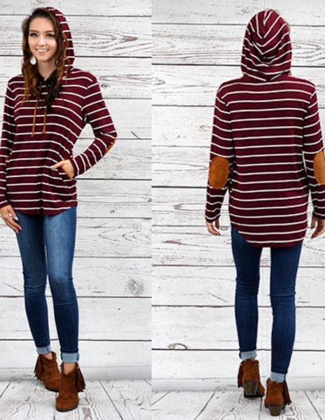 Striped Hoodie with Elbow Patches and Pockets Long Sleeve Top