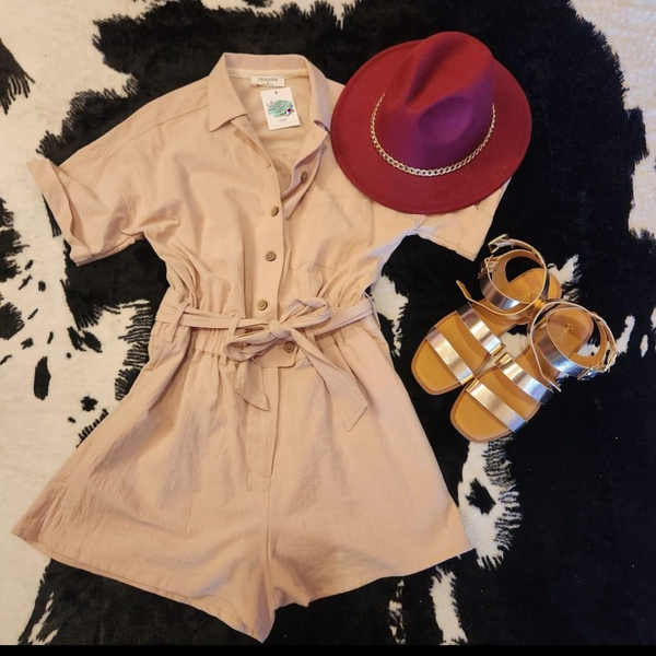 Khaki Button Front Belted Shirt Romper