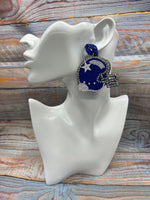 Royal Blue and White Rhinestone Football Helmet Earrings