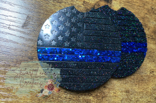 Thin Blue Line Glitter Car Coaster Set