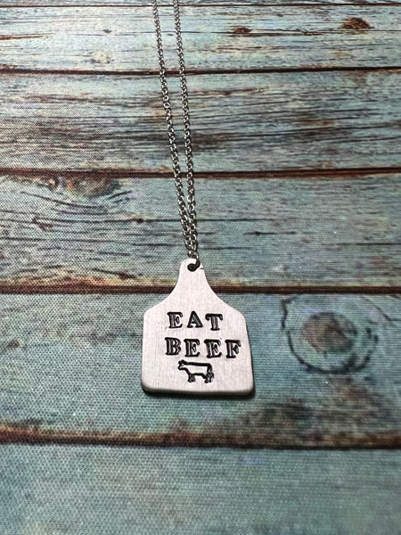 Eat Beef Cow Ear Tag Necklace