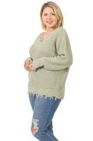 Wide Double V-Neck Distressed Sweater