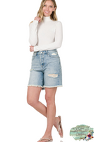 Distressed Long Inseam Denim Shorts