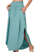 Smocked Waist Side Slit Maxi Skirt with Pockets