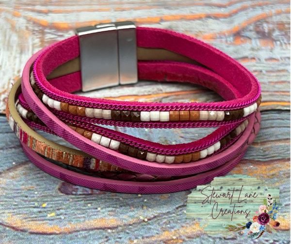 Magenta Multi Strand Beaded Bracelet