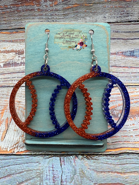 Orange and Blue Glitter Baseball Earrings