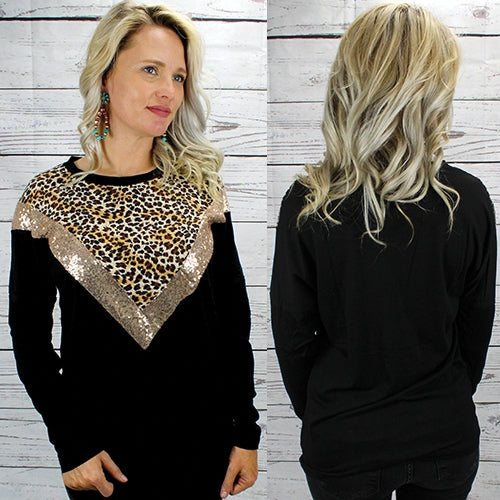 Leopard and Sequin Long Sleeve Top