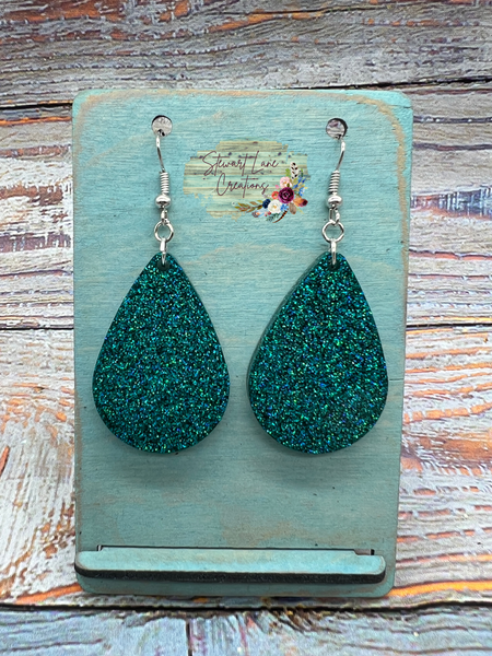 Teal Glitter Teardrop Earrings