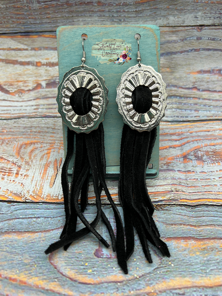 Black Leather Fringe Concho Earrings