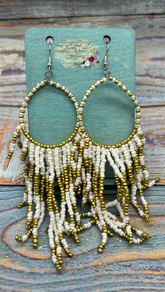 Gold and White Hoop Beaded Earrings